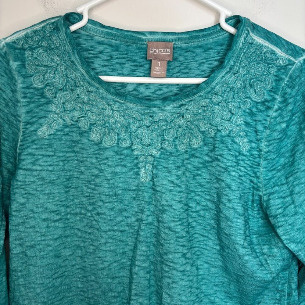 CHICO'S 3/4 Sleeve Embellished Neckline Womens M Teal Dyed Casual Cotton